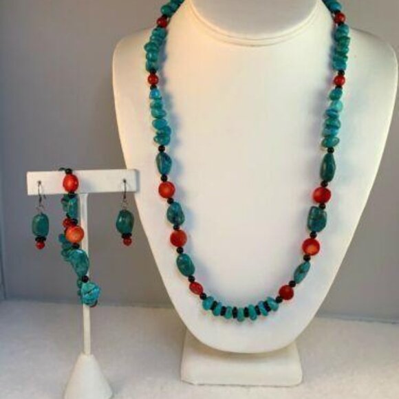 Faux Turquois Pebble Necklace, Bracelet And Pierced Earrings Set (NA99) - Picture 1 of 5